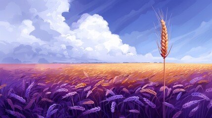 Digital illustration of a single wheat ear standing tall in a vibrant field under a vast sky with fluffy clouds.