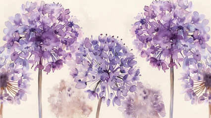 Purple Allium flowers watercolor pattern. 