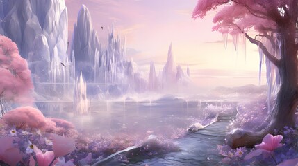 Fantasy winter landscape with river and fog. 3d render illustration