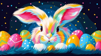 Fototapeta premium Vibrant illustration of a colorful Easter bunny with vividly decorated Easter eggs against a dark backdrop with festive confetti.