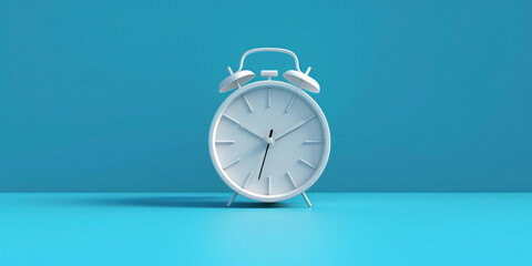 Blue Background with White Alarm Clock in 3D Rendered Image for Stock Photography Catalogs, Design Promotions, and Time Management Concepts
