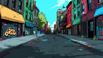 Obraz premium Colorful, stylized illustration of an empty street at sunset in the SoHo district of New York with vivid graffiti.