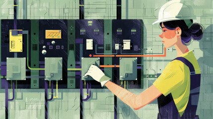 Illustration of a woman electrician installing an electric switchboard, wearing safety gear.