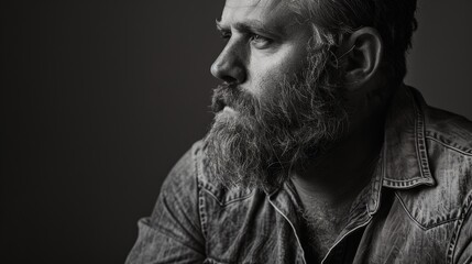 A bearded man wearing a denim shirt is portrayed in black and white.