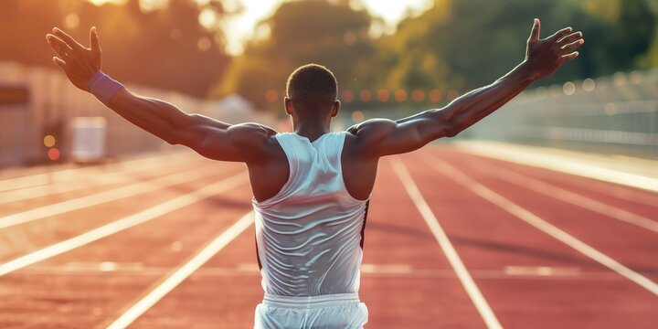 A male athlete with outstretched arms celebrating his victory on a running track during sunset, symbolizing success and achievement