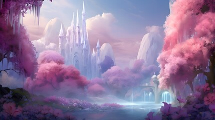 Fantasy landscape with fantasy city in the fog. 3d illustration