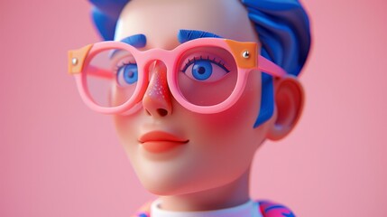 A close-up 3D illustration of a stylized female scientist with blue hair and pink glasses against a pink background.