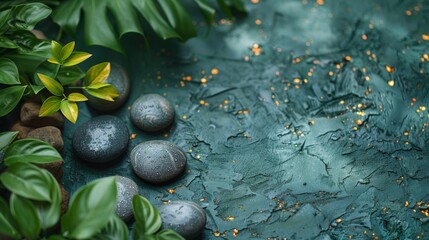 Photo of spa background with stones and bamboo leafs on table - Powered by Adobe