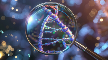 An illustrative close-up of a DNA double helix under a magnifying glass with a blue purple molecular background suggesting genetic research and biotechnology