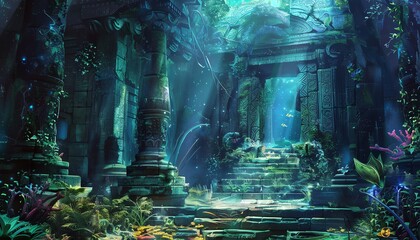 Illustrate the surreal fusion of futuristic archaeology and underwater fantasy through intricate digital rendering Enhance the high-angle perspective with luminescent flora