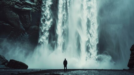 Obraz premium Beautiful waterfall in Iceland waterfall, a man standing under the majestic waterfall.