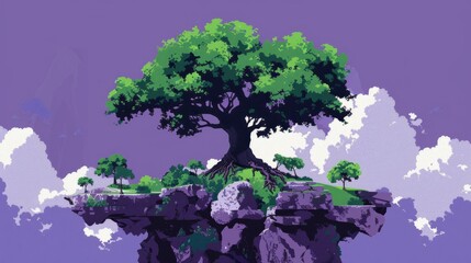 A stylized depiction of a large, lush tree on an isolated floating landmass against a purple sky. - obrazy, fototapety, plakaty