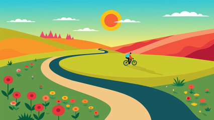 A winding path leading through a field of wildflowers the sun highlighting the vibrant colors as a biker flies past.. Vector illustration
