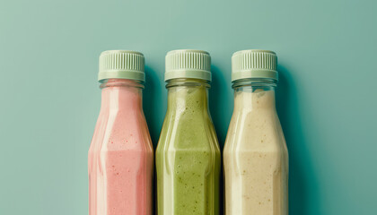 three bottles of natural fruit juices