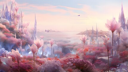 Fantasy landscape with a lotus flower in the foreground. 3D illustration