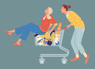 Shoppers in a store with cart full food . Happy couple shopping concept. Flat graphic vector illustration.