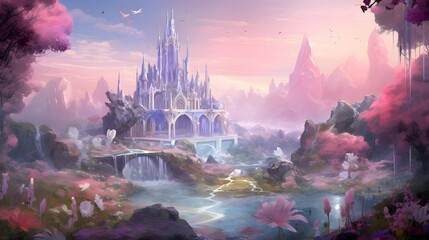 Magic Fairy Tale Landscape with Fantasy Castle and Magic Fountain. Digital Painting.