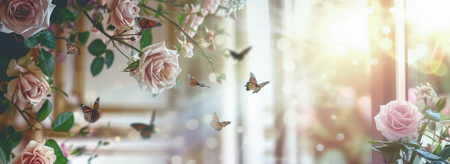 Spring scene of roses and butterflies on a bright day, the light comes through a window, copy space