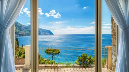Picturesque view from a guest house through panoramic window with terrace to the sea on a sunny warm summer day with blue skies in a luxury resort. Concept of a room in a five-star hotel