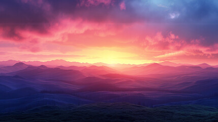 Obraz premium An expansive panorama of rolling hills and jagged mountains silhouetted against a colorful sky as day gives way to night