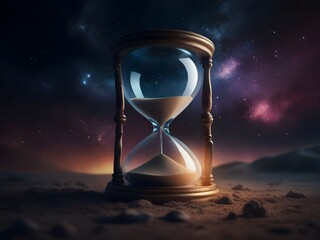 Hourglass, time is running, don't waste time, symbolizes that time passes quickly, universe background

