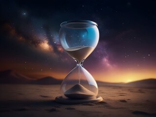 Hourglass, time is running, don't waste time, symbolizes that time passes quickly, universe background
