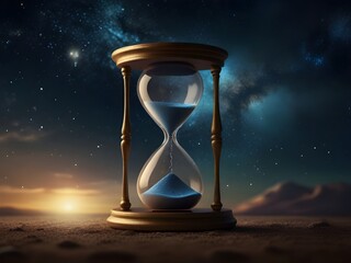 Hourglass, time is running, don't waste time, symbolizes that time passes quickly, universe background
