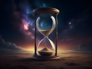 Hourglass, time is running, don't waste time, symbolizes that time passes quickly, universe background
