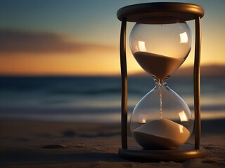 Hourglass, time is running, don't waste time, symbolizes that time passes quickly, beach background
