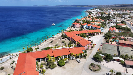 Beachfront Resort At Kralendijk In Bonaire Netherlands Antilles. Island Beach. Blue Sea Landscape....