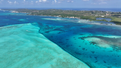 Fototapeta premium San Andres Skyline At San Andres Providencia Y Santa Catalina Colombia. Colombian Caribbean Beach. Blue Sea Background. San Andres At Providencia Y Santa Catalina Colombia. Tourism Landscape. 