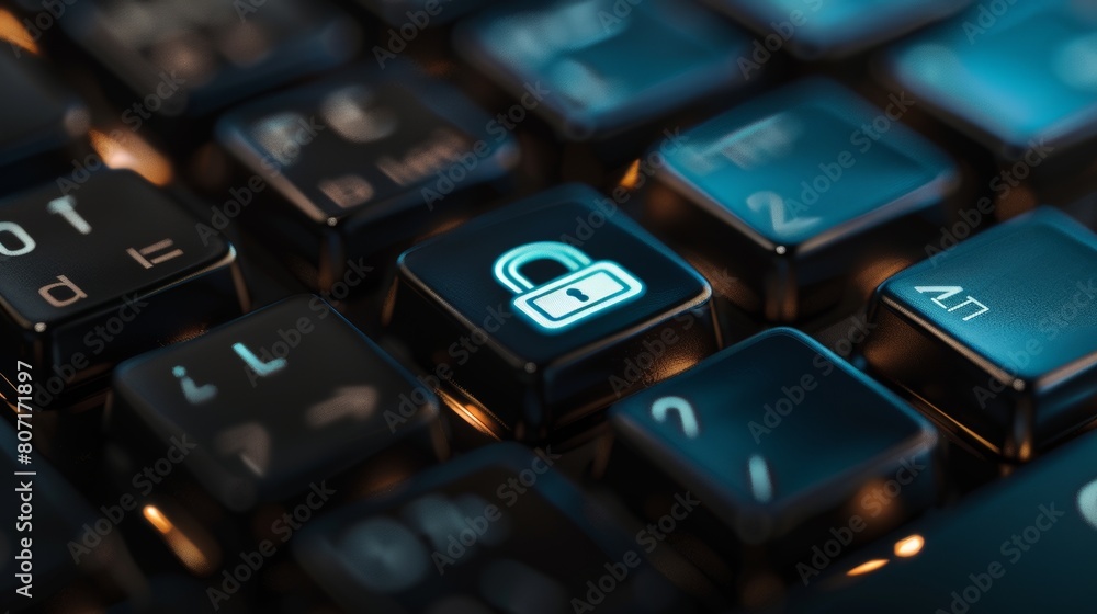 Poster an icon representing the closed lock on a keyboard with the concept of network security, virus prote