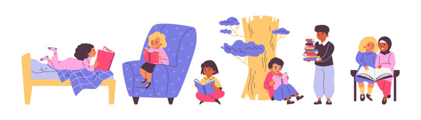 Isolated illustration of boys and girls with books.