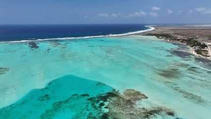 Caribbean Island At Kralendijk In Bonaire Netherlands Antilles. Island Beach. Blue Sea Landscape. Kralendijk At Bonaire Netherlands Antilles. Tourism Background. Nature Seascape.