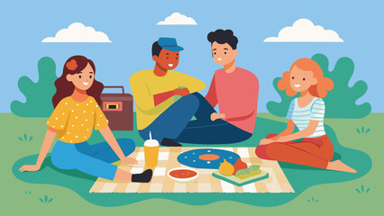 Three friends lounging on a colorful picnic blanket laughing and enjoying snacks from a wicker basket as a portable record player plays upbeat music Vector illustration