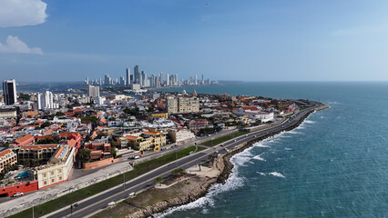 Obraz premium Cartagena Skyline At Cartagena De India In Bolivar Colombia. Caribbean Cityscape. Downtown Background. Cartagena De India At Bolivar Colombia. Tourism Landscape. Walled City Landmark.