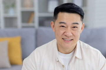 Portrait of a happy middle-aged Asian man sitting in a contemporary living room setting, wearing a casual cream shirt with a relaxed, confident smile.