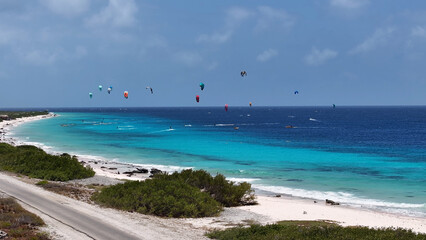 Kiteboarding Bonaire At Kralendijk In Bonaire Netherlands Antilles. Aquatic Sports. Beach...