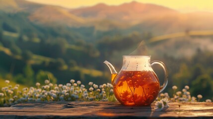 Jug of tea on the table in front of landscape