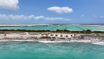 Red Slave Huts At Kralendijk In Bonaire Netherlands Antilles. Beach Landscape. Caribbean Island....
