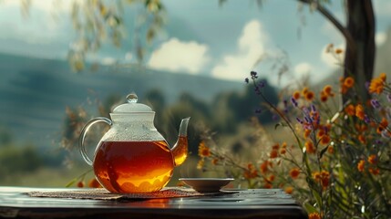 Jug of tea on the table in front of landscape