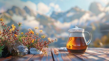Jug of tea on the table in front of landscape