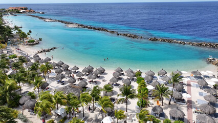 Mambo Beach At Willemstad In Netherlands Curacao. Idyllic Beach. Nature Landscape. Willemstad At Netherlands Curacao. Tourism Background. Island Seascape.