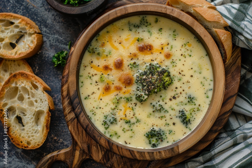 Sticker top view of creamy broccoli cheddar soup in wooden bowl with toast