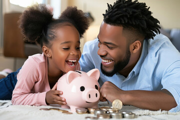 father and daughter with piggy bank