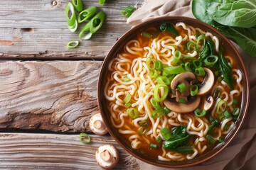 Fototapeta premium Top view of delicious noodle soup with mushrooms and bok choy in a bowl on the table