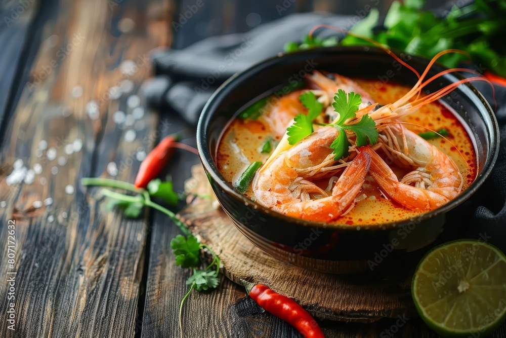 Sticker Thai soup with prawns and rice noodles on table