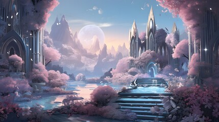 Fantasy landscape with castle and moon - 3D illustration for children