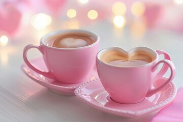 Two pink heart shaped cups of coffee on white table