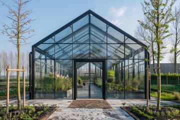 Obraz premium The exterior of a contemporary glasshouse in rural Netherlands